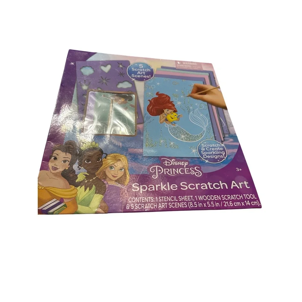 Disney Princess Sparkle Scratch Art Kit 5 Scenes Stencil Tool Ages 3+